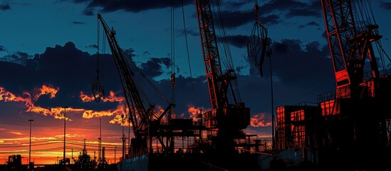 A line of towering cranes silhouetted against a dark night sky at a port dock. with copy space image. Place for adding text or design