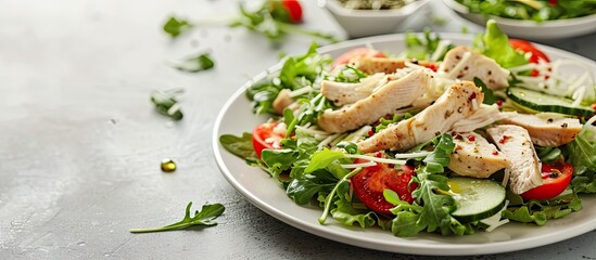 A delicious chicken caesar salad with parmesan cheese dressing and croutons. with copy space image. Place for adding text or design