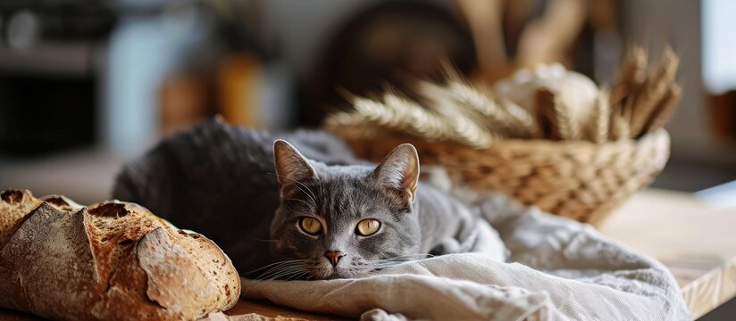 Appetizing fresh rye bread on the table and gray cat. with copy space image. Place for adding text or design