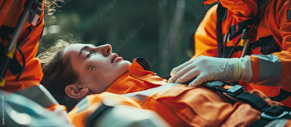 Poster A firefighter leans over to check the pulse and breathing of a victim lying on the floor Saving people. with copy space image. Place for adding text or design