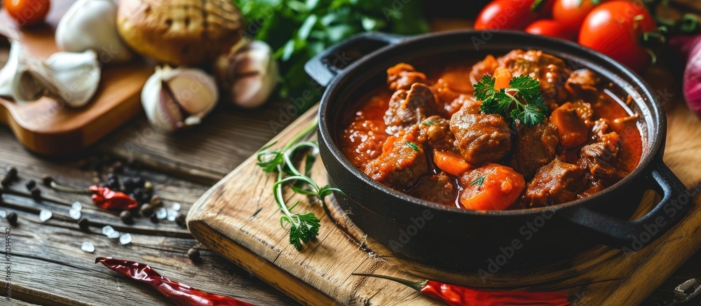 Poster goulash soup with beef sweet pepper and potatoes stew of meat and vegetables flavored with paprika h