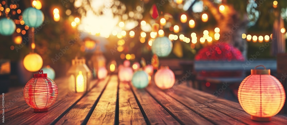 Aufkleber Beautiful colorful lanterns on wooden table at summer party. with copy space image. Place for adding text or design