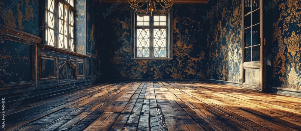 Aufkleber Blank Empty Grunge Room with Wallpaper and Parquet. with copy space image. Place for adding text or design