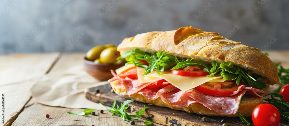 Poster a delicious sandwich with cold cuts lettuce tomato and cheese on fresh ciabatta bread. with copy spa