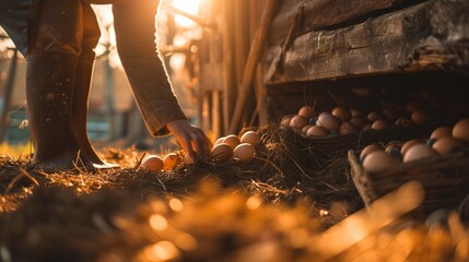 a person picking eggs from a nest in a barn, a farmer picking up some eggs on the farm,