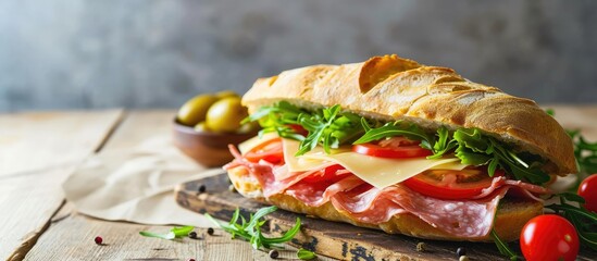 A delicious sandwich with cold cuts lettuce tomato and cheese on fresh ciabatta bread. with copy space image. Place for adding text or design - obrazy, fototapety, plakaty
