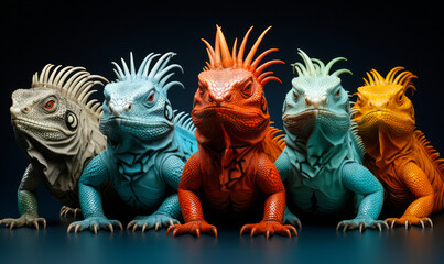 Vividly Colored Iguanas in Red, Blue, and Orange Hues Lined Up, Symbolizing Diversity, Uniqueness, and Wildlife Beauty Against a Teal Background