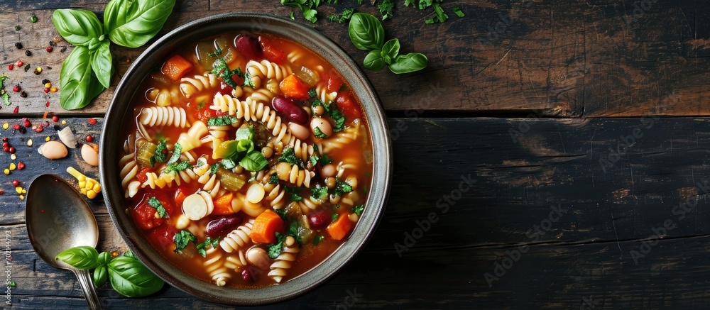 Poster bowl of minestrone soup with pasta beans and vegetables. with copy space image. place for adding tex