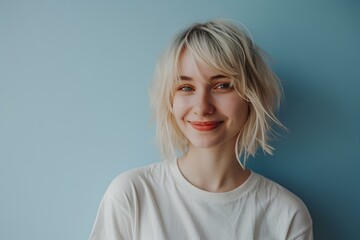 Smiling girl with short blond hair, happy confident pretty gen z blonde young woman looking at camera standing isolated on light blue background. generative AI - obrazy, fototapety, plakaty