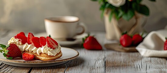 Naklejka premium Fresh cream eclairs with whipped cream and strawberries on white plate and cup of coffee on white wooden table selective focus. with copy space image. Place for adding text or design