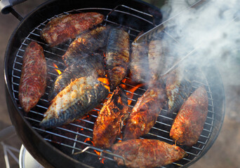 Fish fillets on the grill with flames