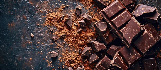 Different pieces of dark chocolate and cocoa powder on a dark surface. with copy space image. Place for adding text or design