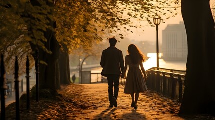 Couple Walking Along the Lake, Romantic, Sunset, Lakeside Love Stroll, Sunset Embrace, Romantic Waterfront Moments, Evening Tranquility, Love by the Lake, Sunset Serenity, Lakeshore Romance