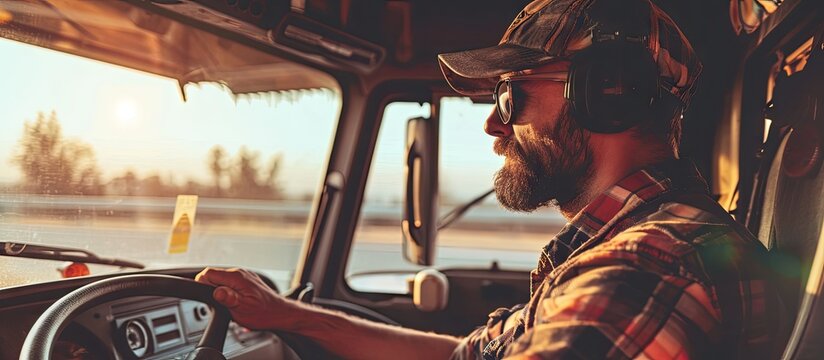 Ground Transportation Industry Theme Caucasian Trucker Driver CB Radio Talk Inside a Old Semi Truck. with copy space image. Place for adding text or design