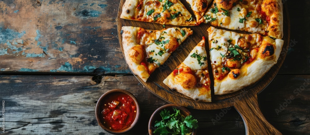 Aufkleber aerial top shot of stuffed cheese naan flat bread with dips on circular wooden baking cutlery. with 