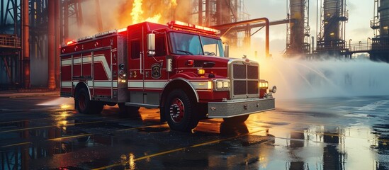 Fire truck for extinguishing tanks with air mechanical foam A fire truck for extinguishing tanks with flammable liquids Fire truck for extinguishing large fires at oil refining plants - obrazy, fototapety, plakaty
