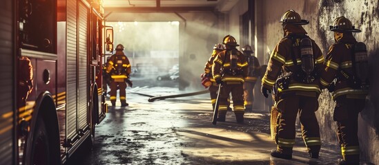 Group of firefighters with chainsaw and sledge hammer practicing in the garage of the fire department. with copy space image. Place for adding text or design - obrazy, fototapety, plakaty