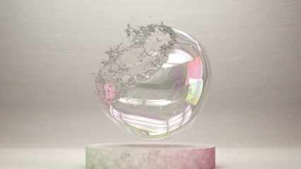 Shimmering bubble burst in 3D illustration, a dance of iridescent fragments. Slow Motion