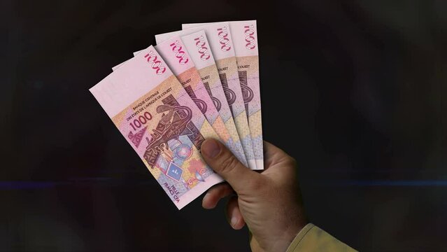 West African CFA Franc money holding. Fan of banknotes in hand. XOF paper cash. Concept of income, success, business, tax, economy and finance.