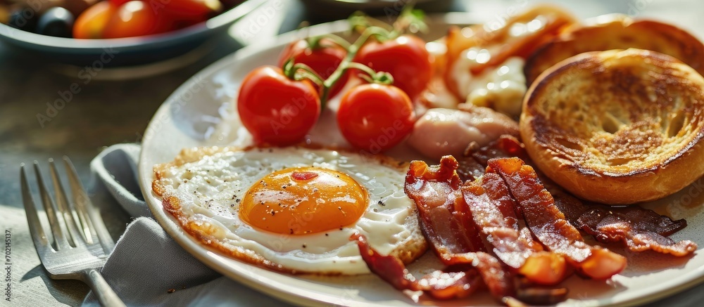 Poster English breakfast with fired round bacon avocado cherry tomatoes poached egg over the toasted bread with fork and knife and sliced scallion spread served on the white plate. with copy space image