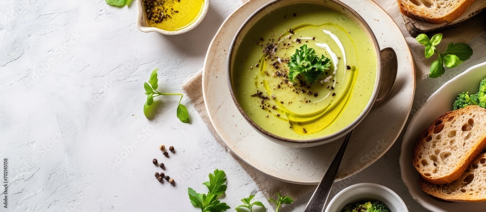 Poster Bowls of broccoli cream soup with olive oil pepper and toasted bread slices on a rustic white wooden table. with copy space image. Place for adding text or design