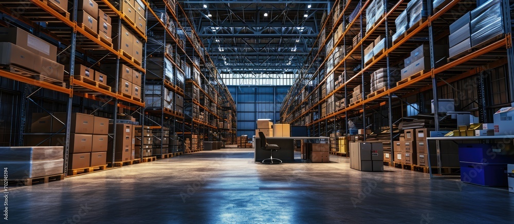 Poster empty large industrial storehouse equipped with tall metal shelves filled with various carton boxes 