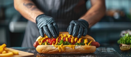 A guy in an apron and gloves sprinkles cheese on a hot dog Hot dog cooking Creating classic fast food. with copy space image. Place for adding text or design