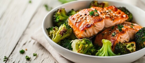 close up of broiled salmon chunks with steamed broccoli florets in white bowl on white wood table landscape view. with copy space image. Place for adding text or design