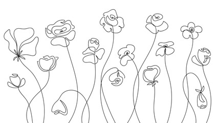 Set of abstract different wildflowers drawn by one line. Sketch botanical art. Continuous line drawing meadow. Vector illustration in minimalist style.