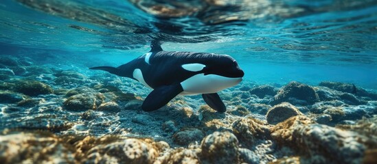A young transient killer whale calf surfacing next to its mom. with copy space image. Place for adding text or design
