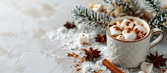 Cup of tasty cocoa drink and marshmallows in blue cup Spices and marshmallows for winter drinks on white texture table Winter hot drink Hot chocolate with marshmallow and spices Copy space