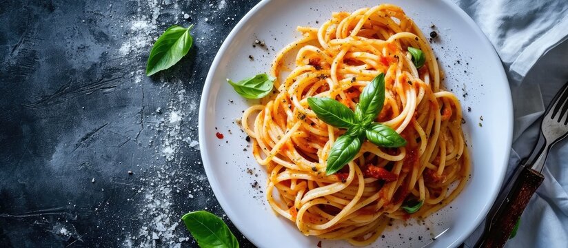 A picture of Italian pasta with red pepper pesto served on a white plate and decorated with basil. with copy space image. Place for adding text or design