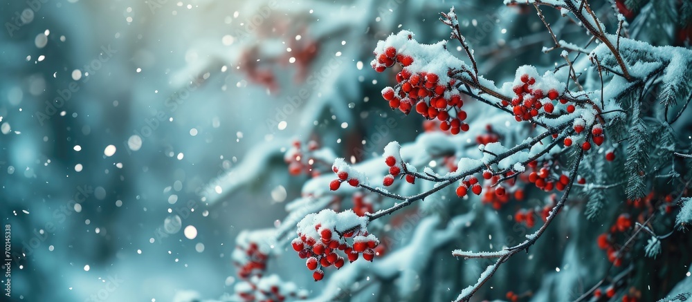 Poster Frost covered rowan branch with red berries on a tree in winter during a snowfall. with copy space image. Place for adding text or design