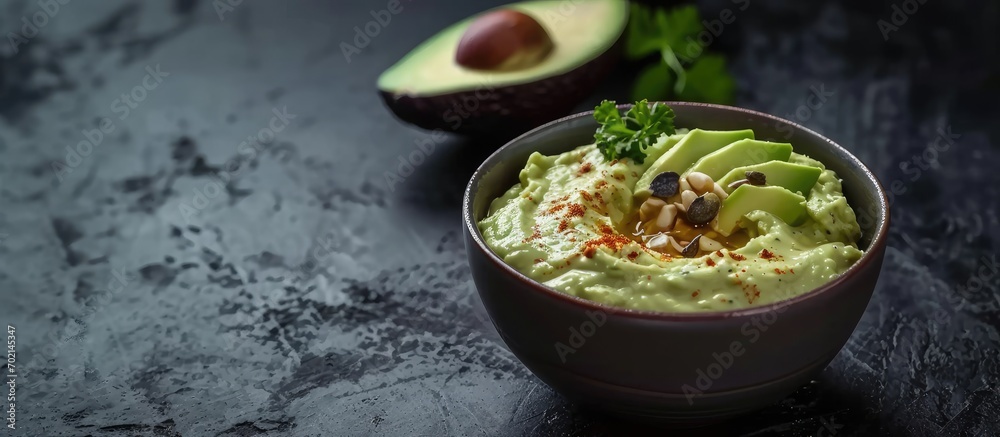 Poster avocado hummus in a gray bowl healthy eating vegetarian food. with copy space image. place for addin
