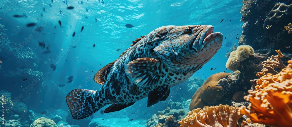 Aufkleber Coral reef in South Pacific with large grouper. with copy space image. Place for adding text or design