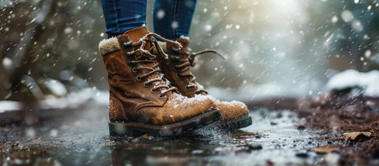 A woman applies the spray to brown nubuck women s winter boots Water repellent care for shoes renewal and preservation of color. with copy space image. Place for adding text or design