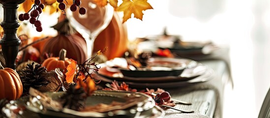 Autumn Thanksgiving Friendsgiving family gathering dinner table setting Flat lay of Fall table with tableware cutlery decorated with vegetables leaves and fruits over plain white background - obrazy, fototapety, plakaty