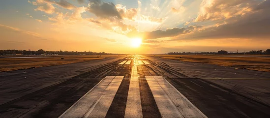 Foto op Canvas Endless white line Road markings along the edge of airport runway Minimalistic wide angle shot of empty airport runway at sunset edge of runway and field surrounding it. with copy space image © vxnaghiyev