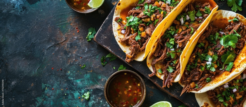 Aufkleber a plate of mexican beef birria tacos witthe dipping sauce juices with shredded beef herbs and broth.