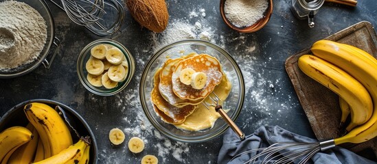 Flat lay Step by step Smashing riped bananas in a glass mixing bowl to prepare coconut banana pancakes. with copy space image. Place for adding text or design - obrazy, fototapety, plakaty