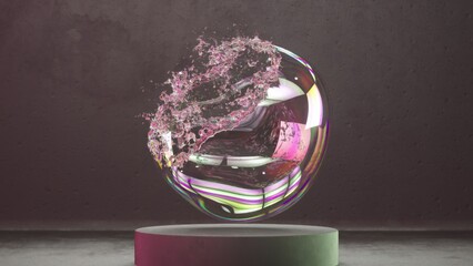 3D illustration bubble bursting with colorful light play.