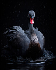 Black swan on black background. Beautiful black swan.