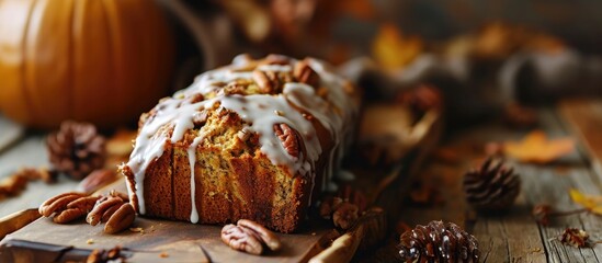 Glazing pumpkin bread with a white glaze and garnishing with shopped pecans. with copy space image. Place for adding text or design