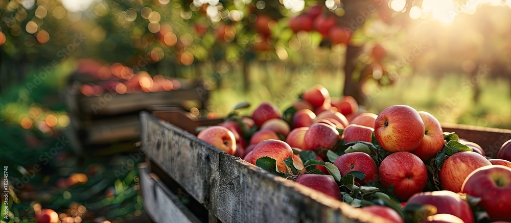 Aufkleber apples in a boxes after harvest transport between rows of orchard to the cold storage farmers pick r