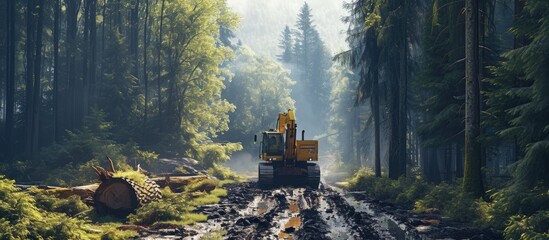 Excavator clearing forest for new development Orange Backhoe modified for forestry work Tracked heavy power machinery for forest and peat industry Logging road construction in forests - obrazy, fototapety, plakaty