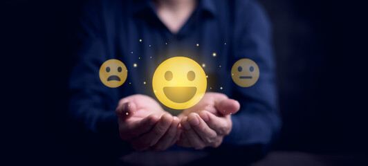 Business hand showing happy smile relax face and good feedback rating, think positive, customer...