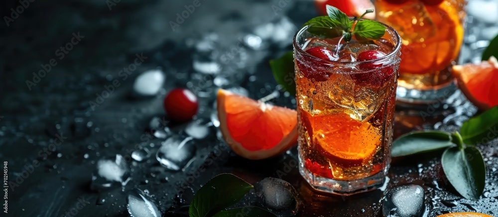 Poster grapefruit or cherry radler citrus beer cocktail refreshing fruit beer drink on black table copy spa