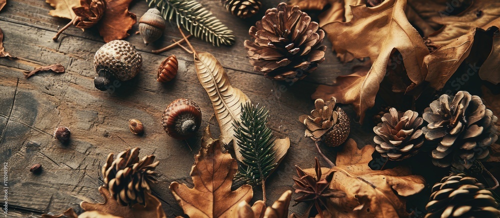 Leinwandbilder copy space vintage style decorating with acorn pine cone and dried leaves the autumn season concept.