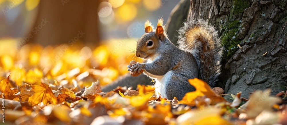 Aufkleber a squirrel near a tree eats nuts Autumn fallen yellow foliage. with copy space image. Place for adding text or design