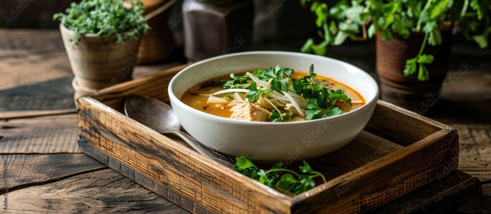 Poster Chicken soup in white bowl on wooden tray. with copy space image. Place for adding text or design